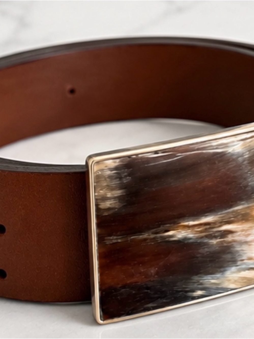 Women's Brown Leather Belt with Marbled Rectangular Buckle